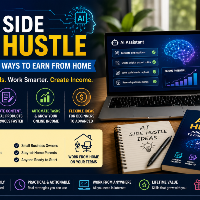 Rectangular blog cover image showing a modern home office with laptop, AI assistant dashboard, side hustle income icons, digital products and online work tools.