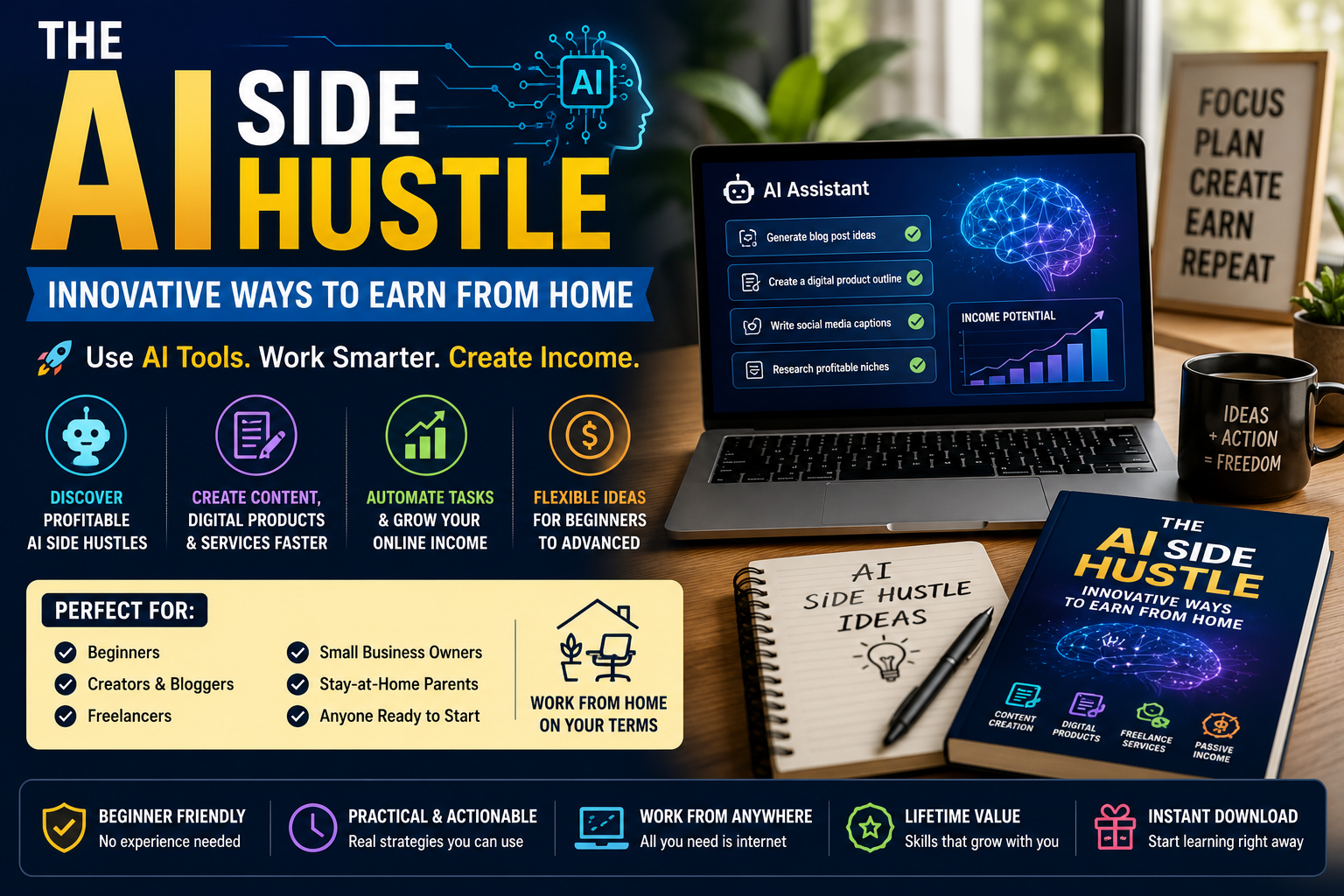 Rectangular blog cover image showing a modern home office with laptop, AI assistant dashboard, side hustle income icons, digital products and online work tools.