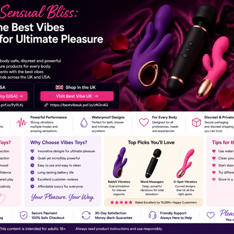 Rectangular Best Vibes adult wellness cover image featuring premium personal massagers, satin styling, candles, privacy icons and UK and USA shopping callouts.