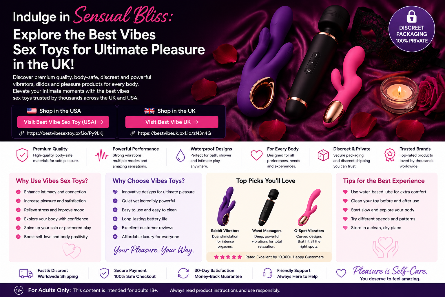 Rectangular Best Vibes adult wellness cover image featuring premium personal massagers, satin styling, candles, privacy icons and UK and USA shopping callouts.