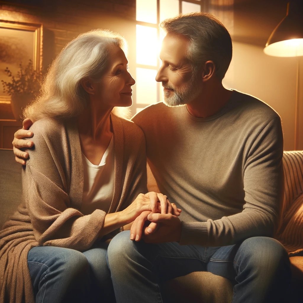 A 50-year-old couple sitting closely on a sofa, holding hands, and sharing a tender moment in a warmly lit living room