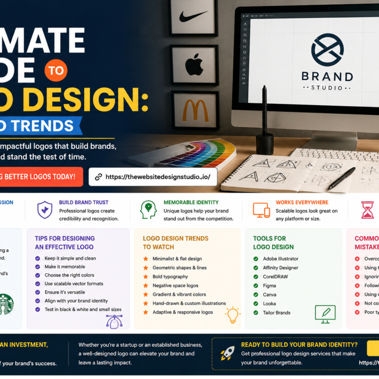 Rectangular logo design guide cover image showing a designer workspace with a computer, logo mockup, colour palette, sketchbook, branding tools and modern design elements.