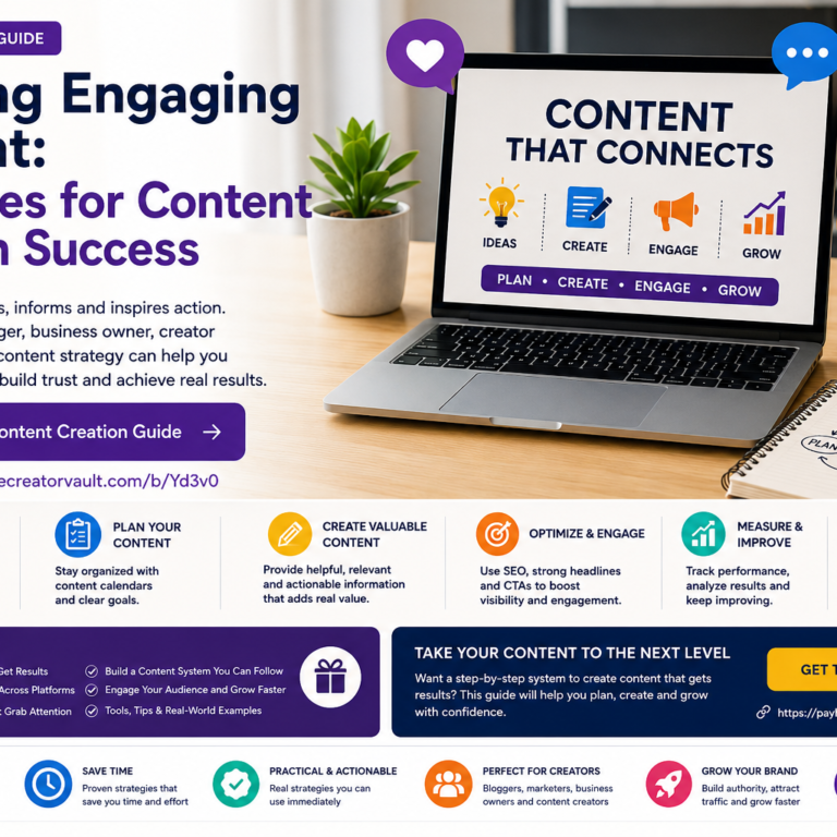Rectangular content creation guide cover image showing a laptop, content strategy icons, social media engagement symbols, notebook, camera and modern creator workspace.