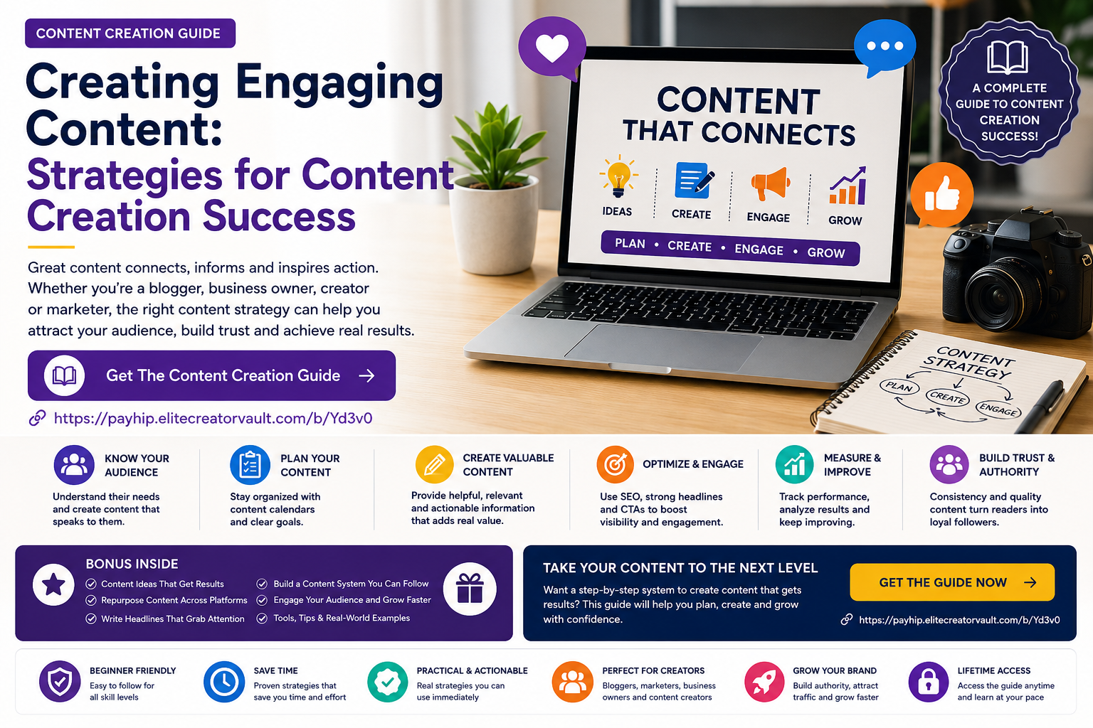 Rectangular content creation guide cover image showing a laptop, content strategy icons, social media engagement symbols, notebook, camera and modern creator workspace.