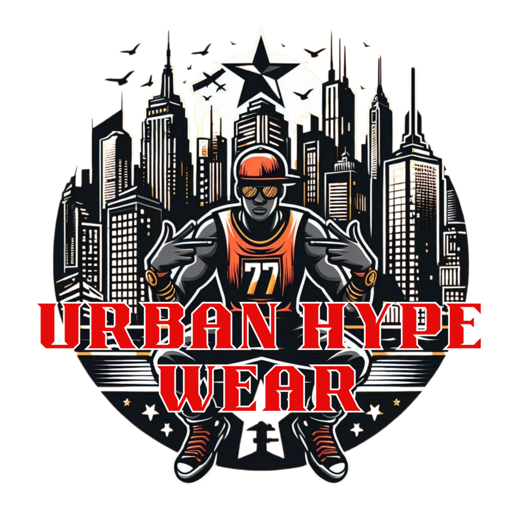 A bold and vibrant logo featuring Urban Hype Wear's iconic streetwear design, showcasing a stylish urban figure against a city skyline.