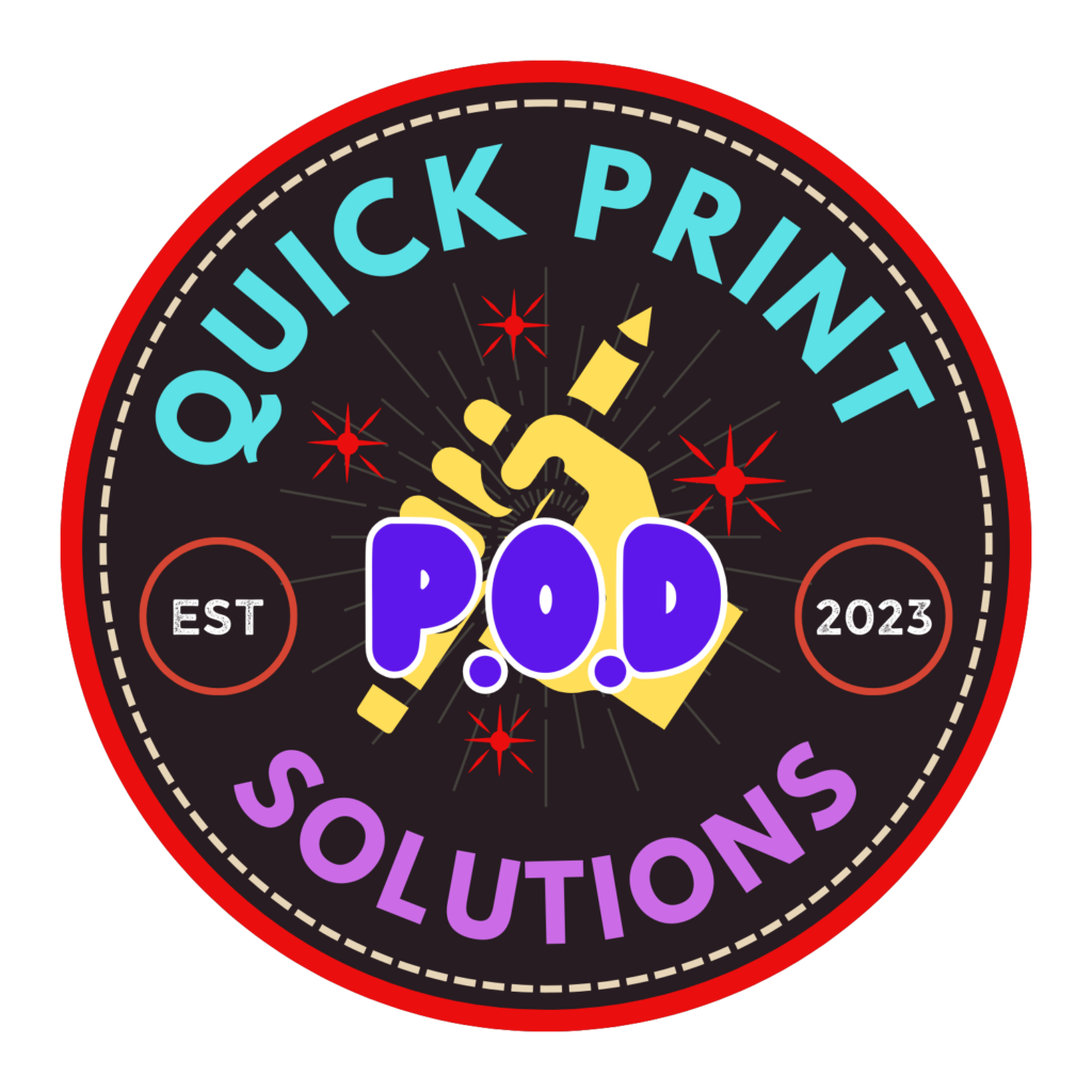 Quick Print P.O.D Solutions retro badge logo featuring bold typography and creative design elements.