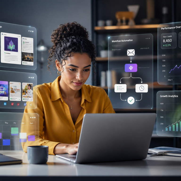 Creator using an AI marketing automation dashboard for email campaigns, social media posts, content calendars, and business growth.