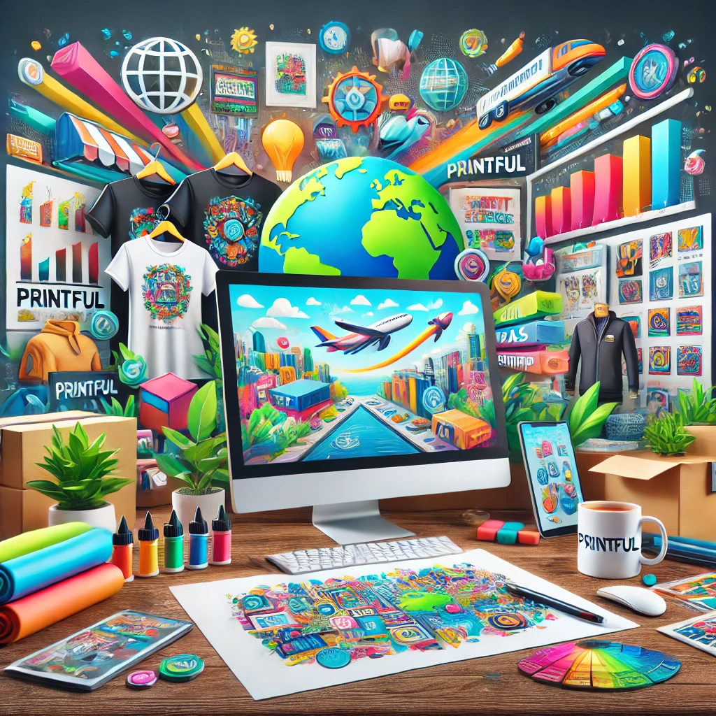 A vibrant promotional image showcasing Printful's print-on-demand services with custom products like t-shirts, hoodies, mugs, tote bags, and wall art displayed creatively. Features a designer's workspace with colourful tools and a global eCommerce theme.