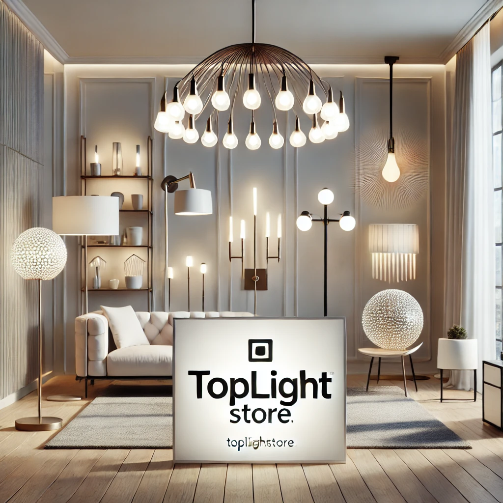 A collection of modern and elegant lighting fixtures from Top Light Store, showcasing chandeliers, LED lights, and wall sconces.