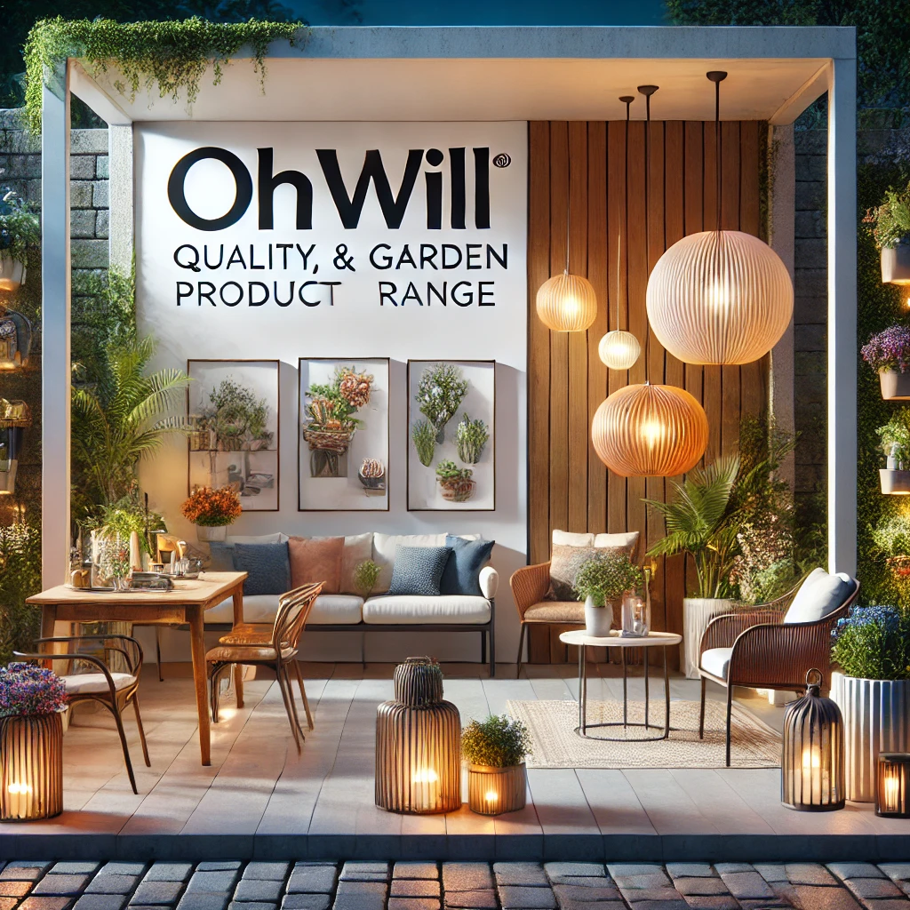 A curated collection of OhWill home and garden products, featuring chic furniture, planters, and outdoor decor in a stylish setting.