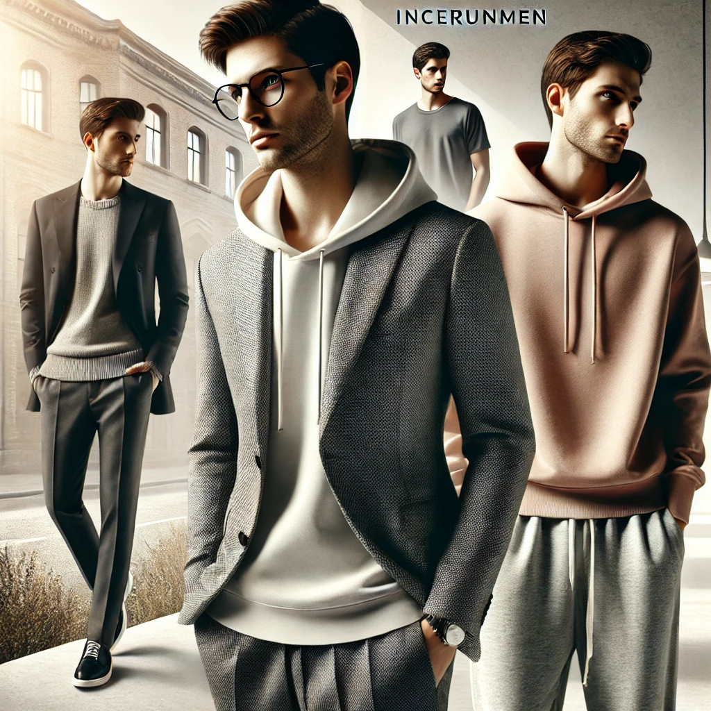 A stylish collection of men’s clothing from Incerunmen, featuring casual and formal wear in a modern setting.