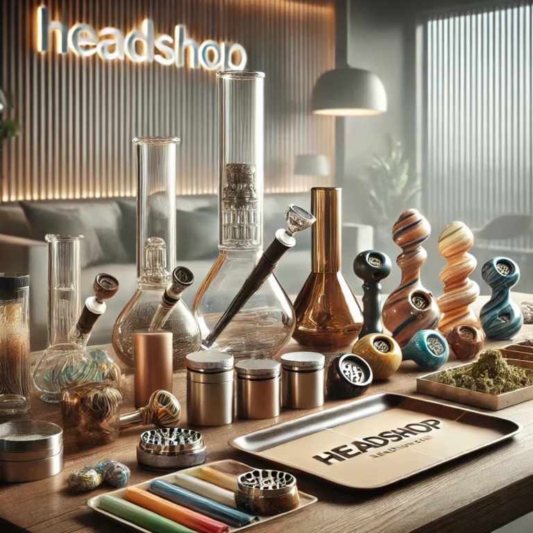 A premium collection of smoking accessories from Headshop, featuring bongs, grinders, and rolling trays displayed on a stylish wooden table.