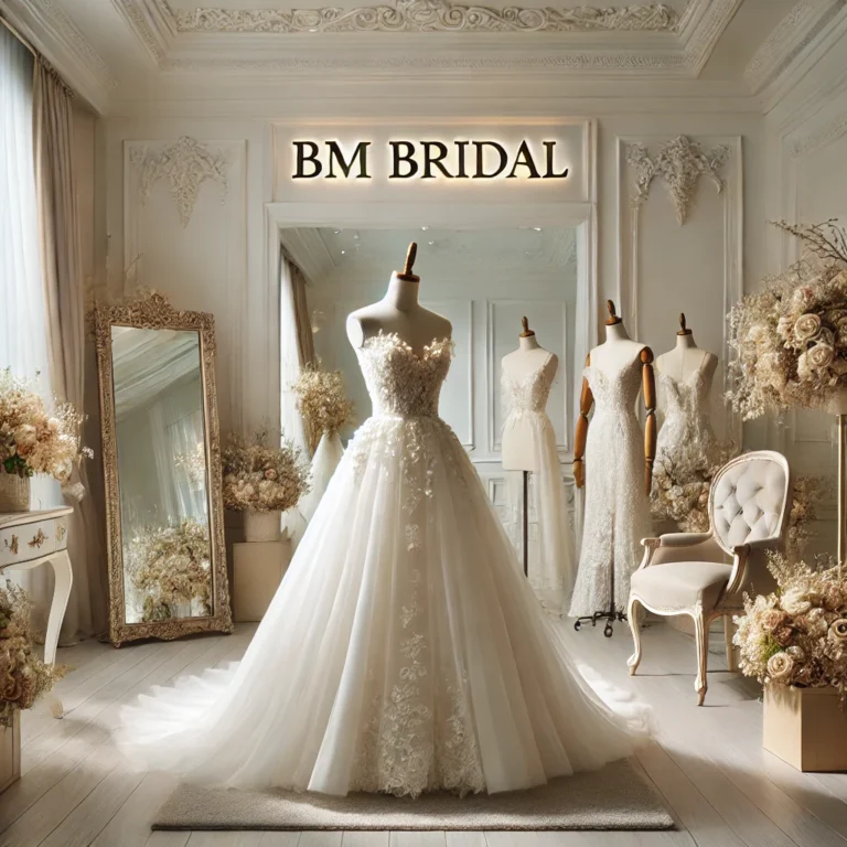 A stunning bridal gown on display in a luxurious boutique setting with soft floral decor, representing BM Bridal.