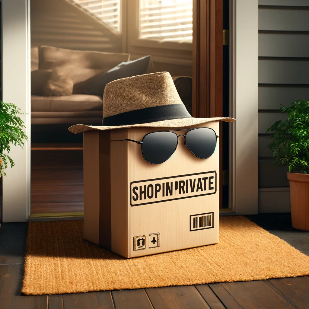 A discreet ShopInPrivate delivery box with sunglasses and a hat, emphasizing privacy and humour.