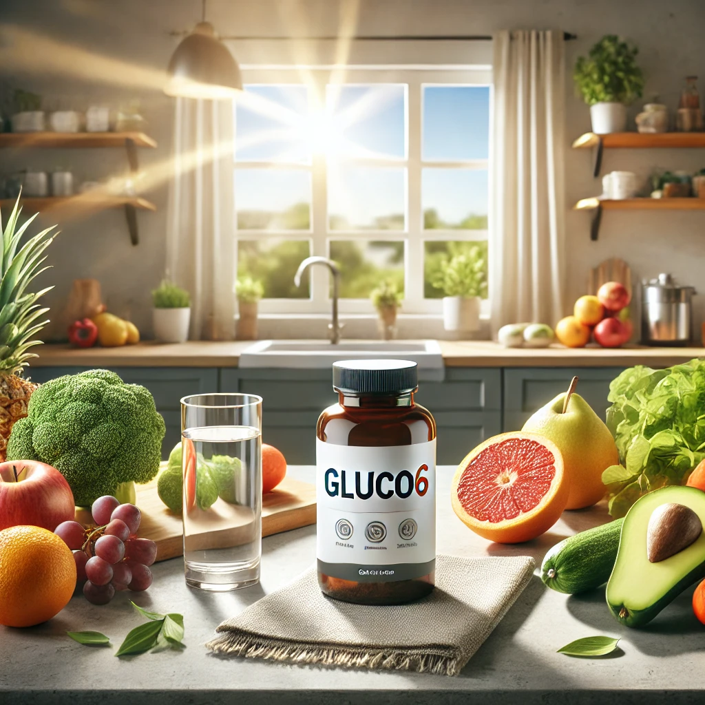 A bottle of Gluco6 supplement on a kitchen counter with fresh fruits, vegetables, and a glass of water, symbolizing health and vitality.