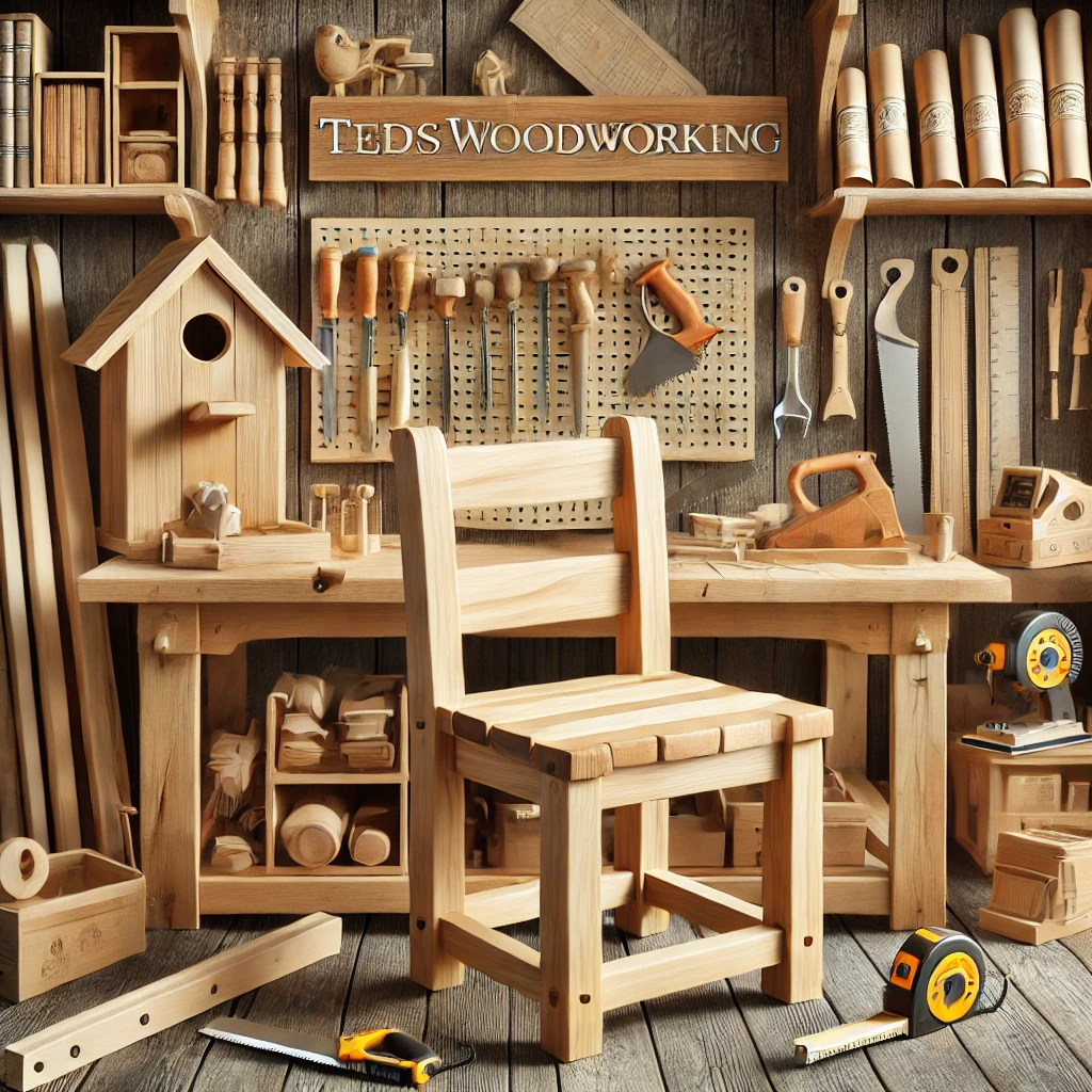 A collection of woodworking tools and completed projects from TedsWoodworking, showcasing its extensive project database.