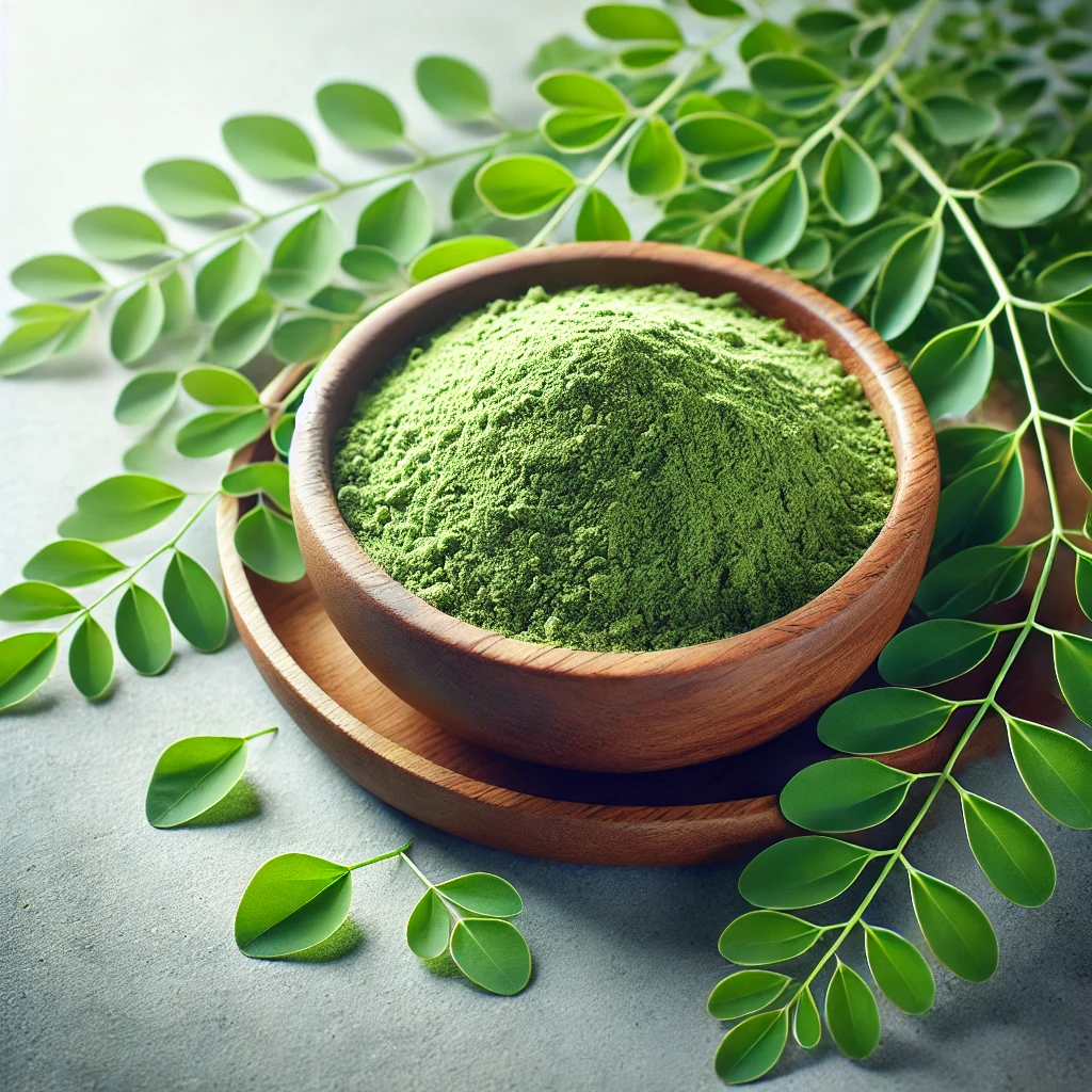 Fresh green Moringa leaves and powder in a bowl, symbolizing natural health and wellness.