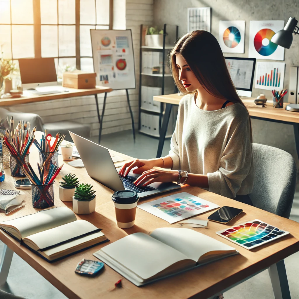 A professional blogger working on a laptop, surrounded by creative tools and charts illustrating blogging success.