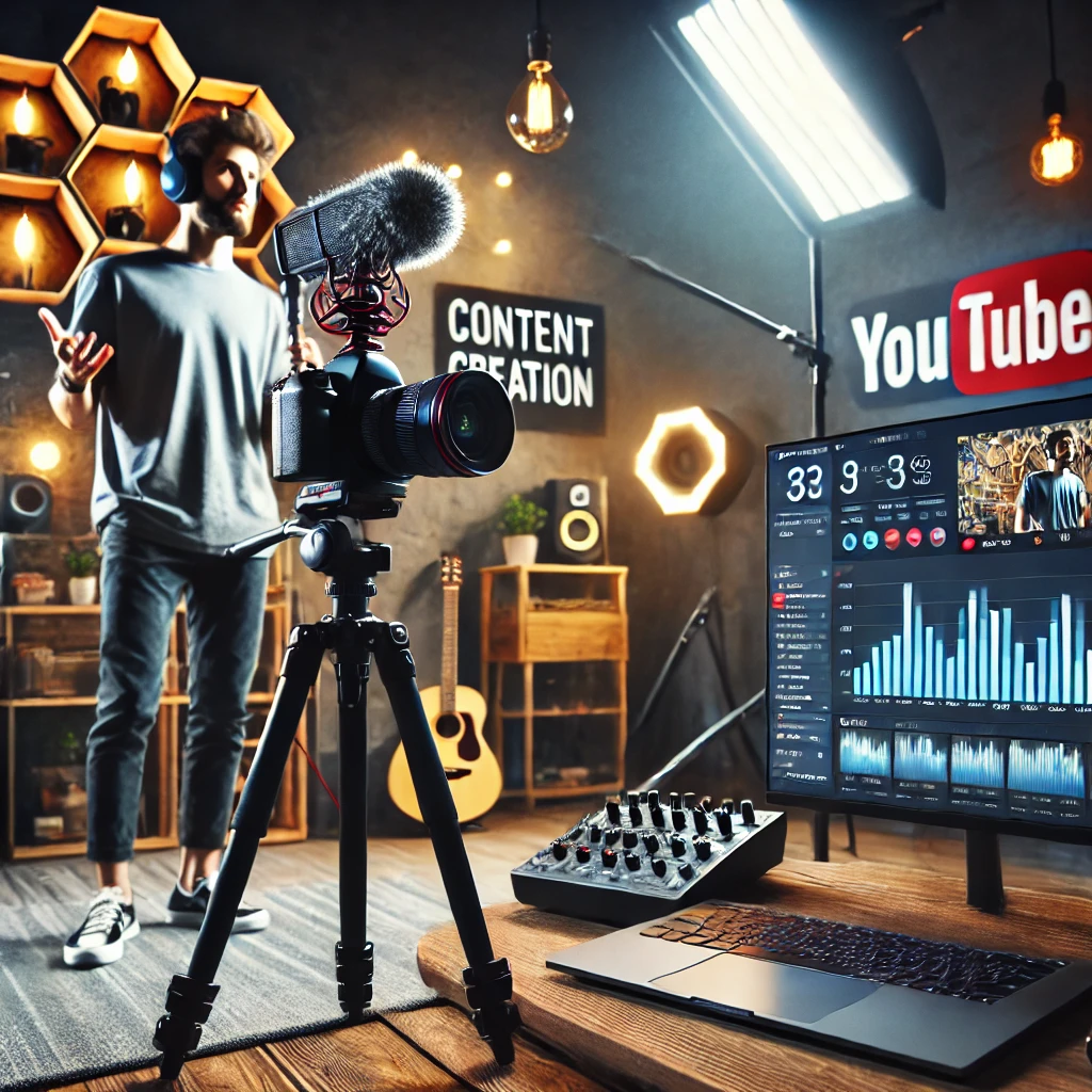 A YouTuber creating content in a modern studio setup with cameras, lighting, and a laptop showing analytics.