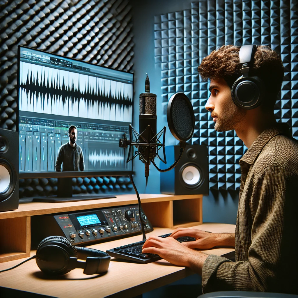 A professional voice-over artist recording in a soundproof studio with a high-quality microphone and headphones.