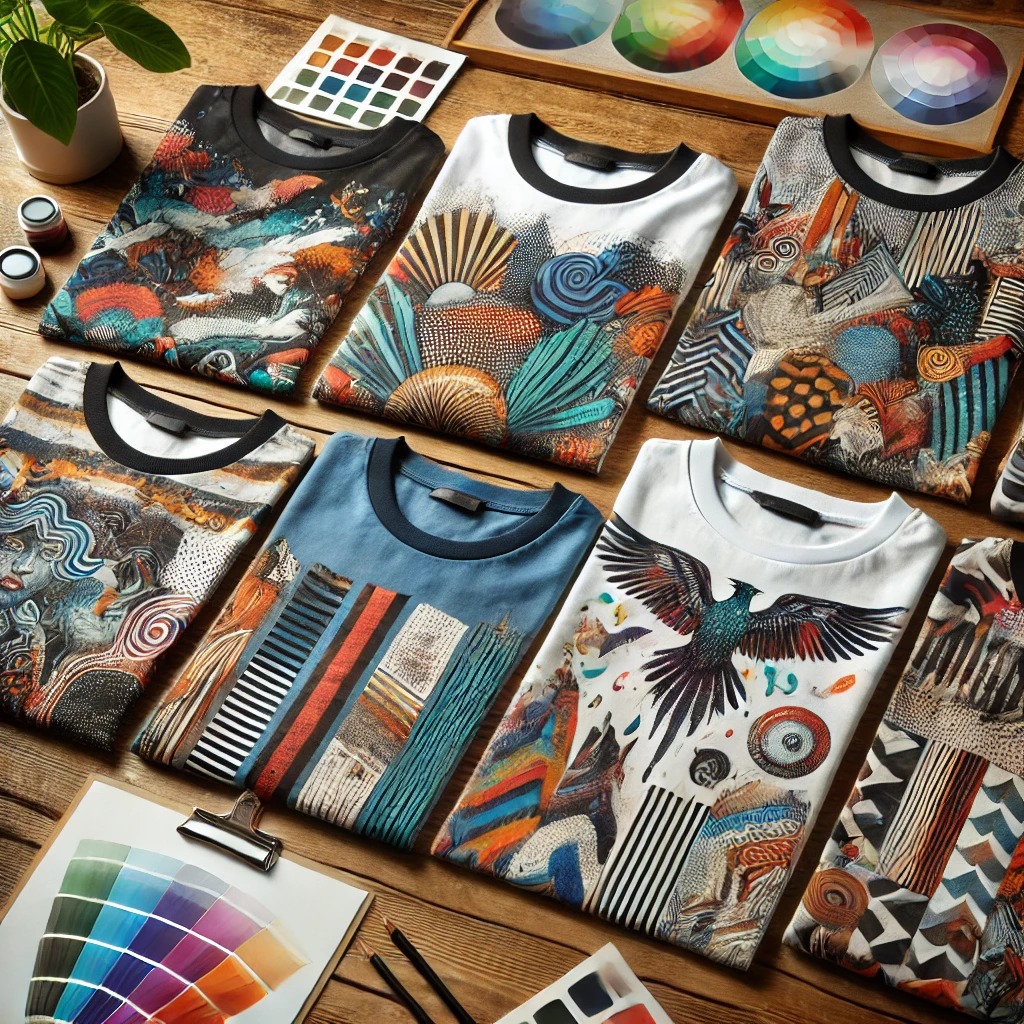 A vibrant collection of custom-designed T-shirts featuring unique and colourful prints.