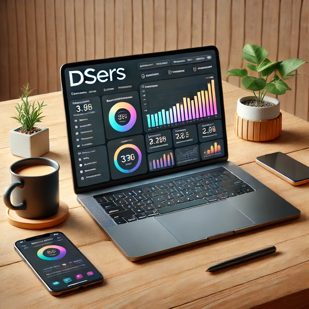 A professional representation of DSers platform on a laptop screen with eCommerce analytics in the background.