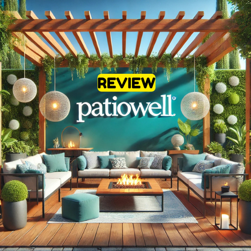 A beautifully designed outdoor patio with Patiowell furniture, featuring a pergola, cozy seating, and a fire pit.