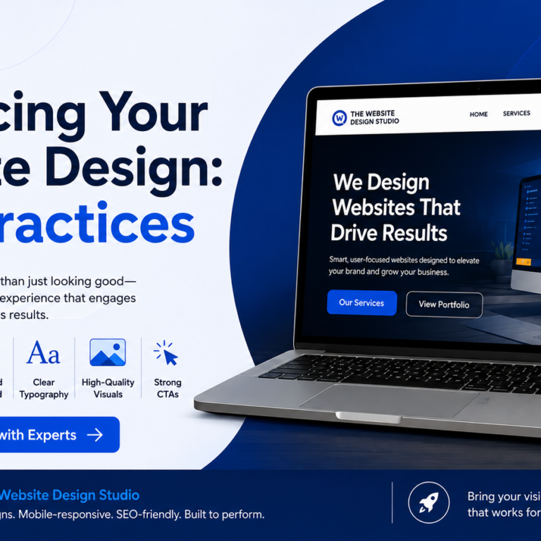 Rectangular website design best practices cover image showing a modern web design workspace with laptop, mobile preview, design icons, user experience sections and clean blue professional styling.