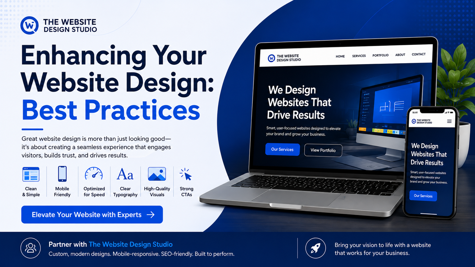 Rectangular website design best practices cover image showing a modern web design workspace with laptop, mobile preview, design icons, user experience sections and clean blue professional styling.