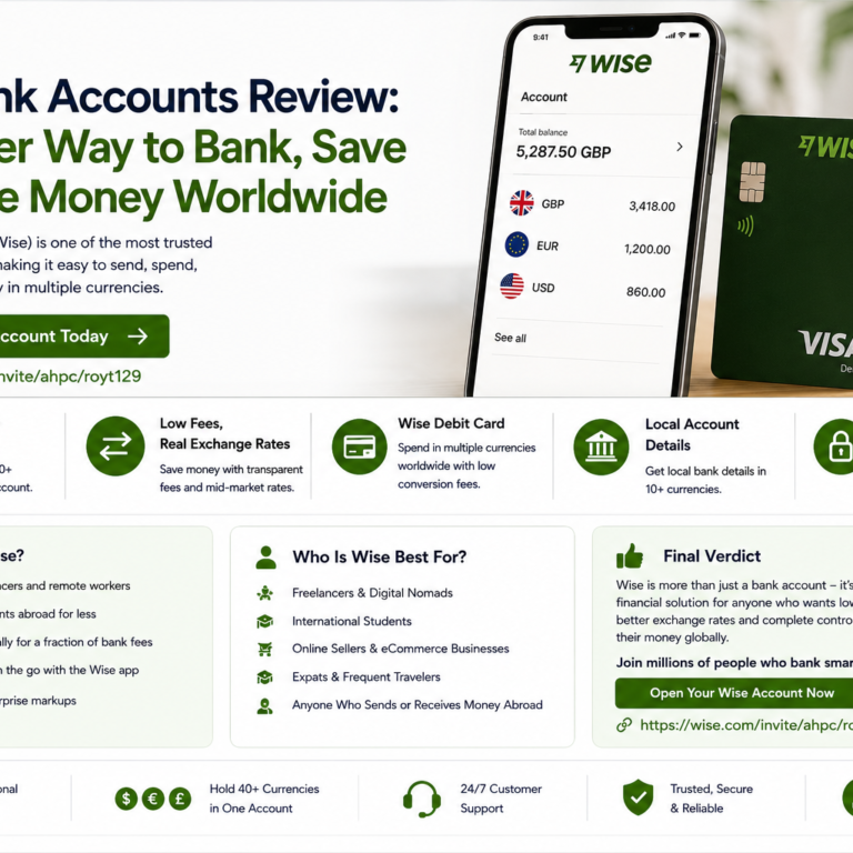 Rectangular Wise account review cover image showing a smartphone with multi-currency balances, Wise debit card, GBP, EUR and USD icons, international payments and secure money management theme.