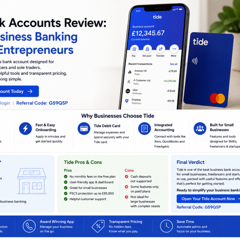 Rectangular Tide business account review cover image showing a smartphone business banking app, blue business debit card, small business finance icons and UK entrepreneur workspace.