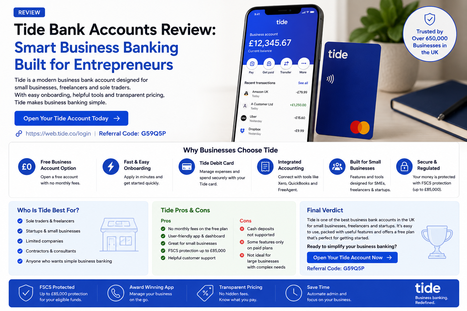 Rectangular Tide business account review cover image showing a smartphone business banking app, blue business debit card, small business finance icons and UK entrepreneur workspace.
