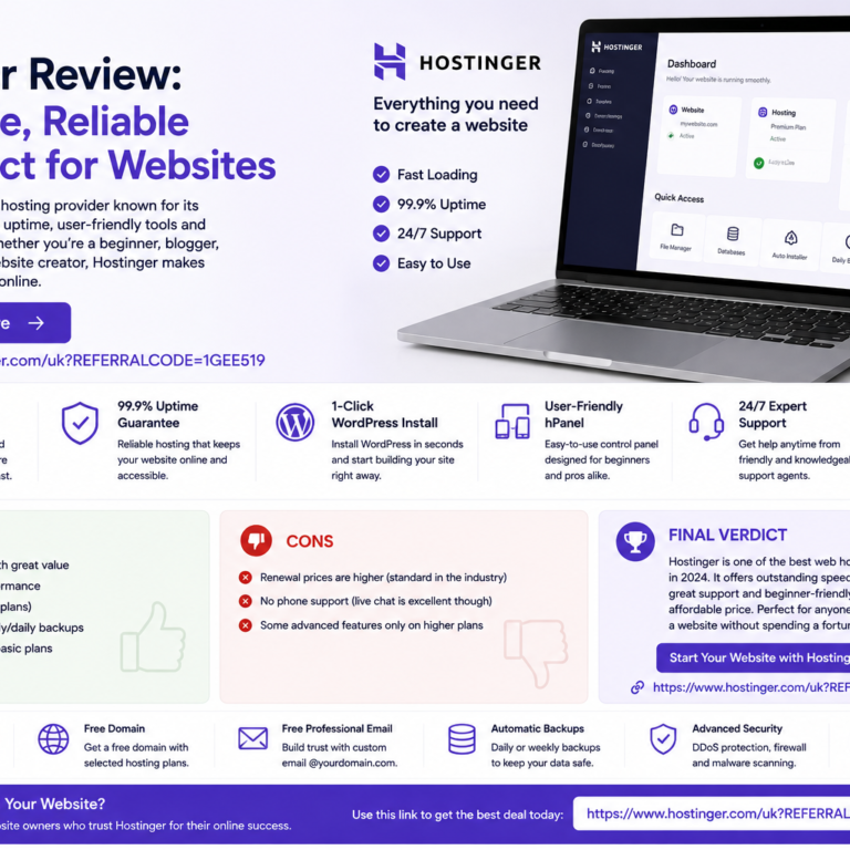 Rectangular Hostinger review cover image showing a laptop hosting dashboard, website performance icons, WordPress setup, SSL security, backups and purple web hosting design.