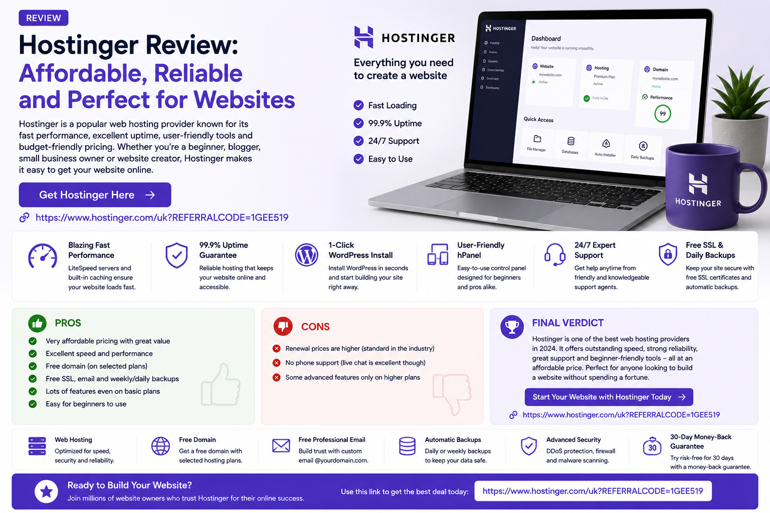 Rectangular Hostinger review cover image showing a laptop hosting dashboard, website performance icons, WordPress setup, SSL security, backups and purple web hosting design.