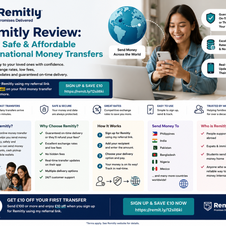 Rectangular Remitly review cover image showing a person sending money abroad by mobile app with global transfer icons, exchange rate symbols and £10 first transfer offer.