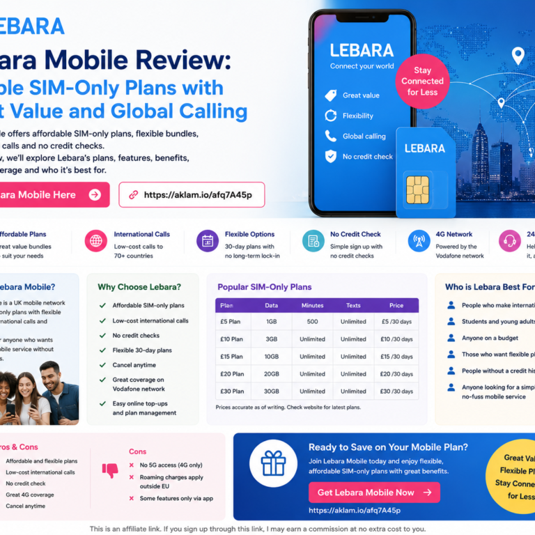 Rectangular Lebara Mobile review cover image showing a SIM card, smartphone, international calling icons, Vodafone network coverage theme and flexible UK mobile plan graphics.