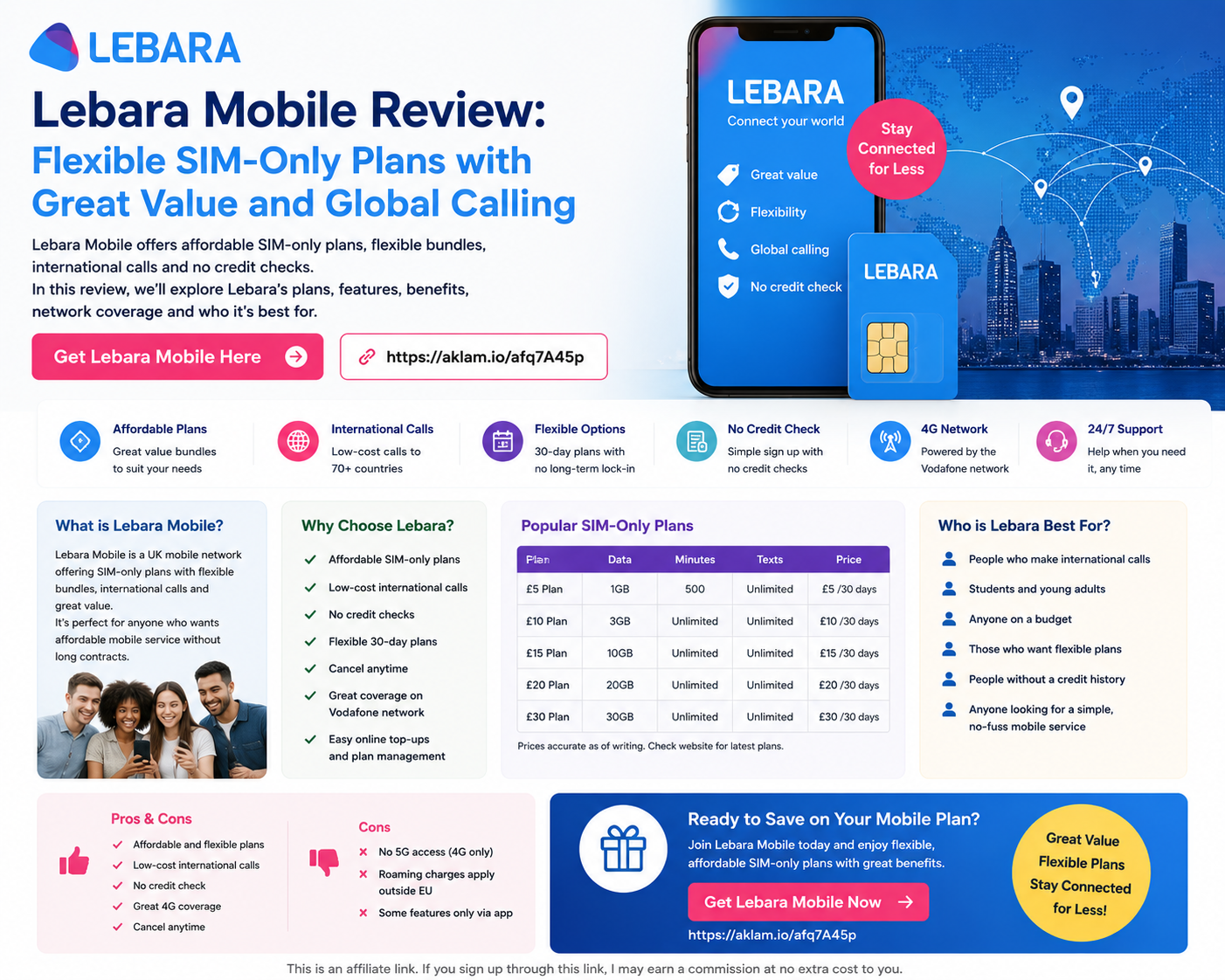 Rectangular Lebara Mobile review cover image showing a SIM card, smartphone, international calling icons, Vodafone network coverage theme and flexible UK mobile plan graphics.