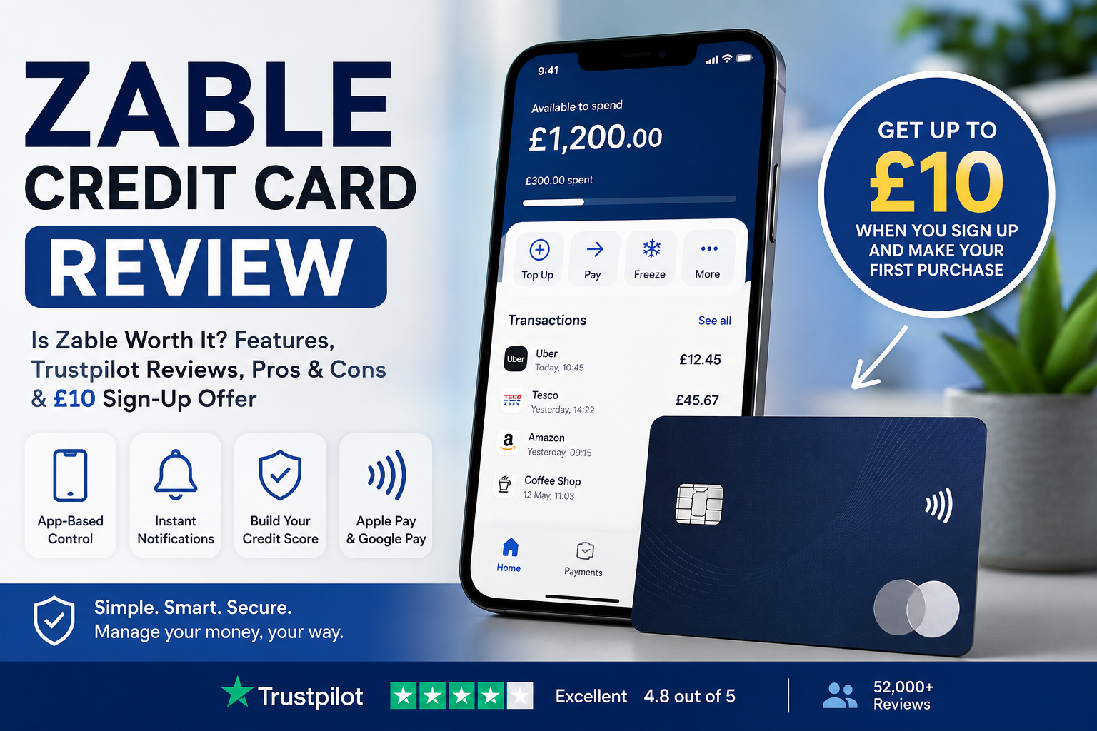 Zable credit card review showing app-based credit card features and UK credit building benefits