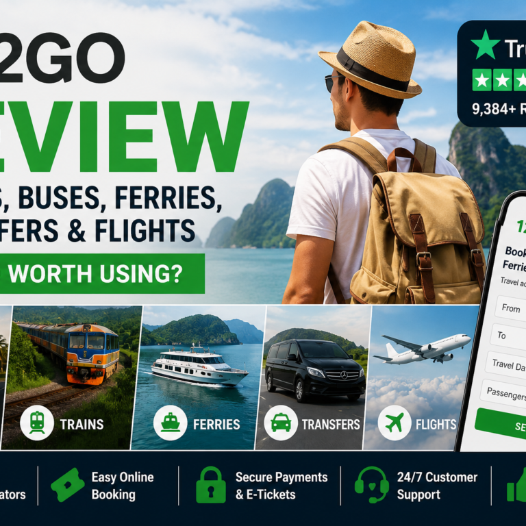 12Go review blog cover featuring trains, buses, ferries, transfers, flights, mobile booking, and Trustpilot customer reviews.