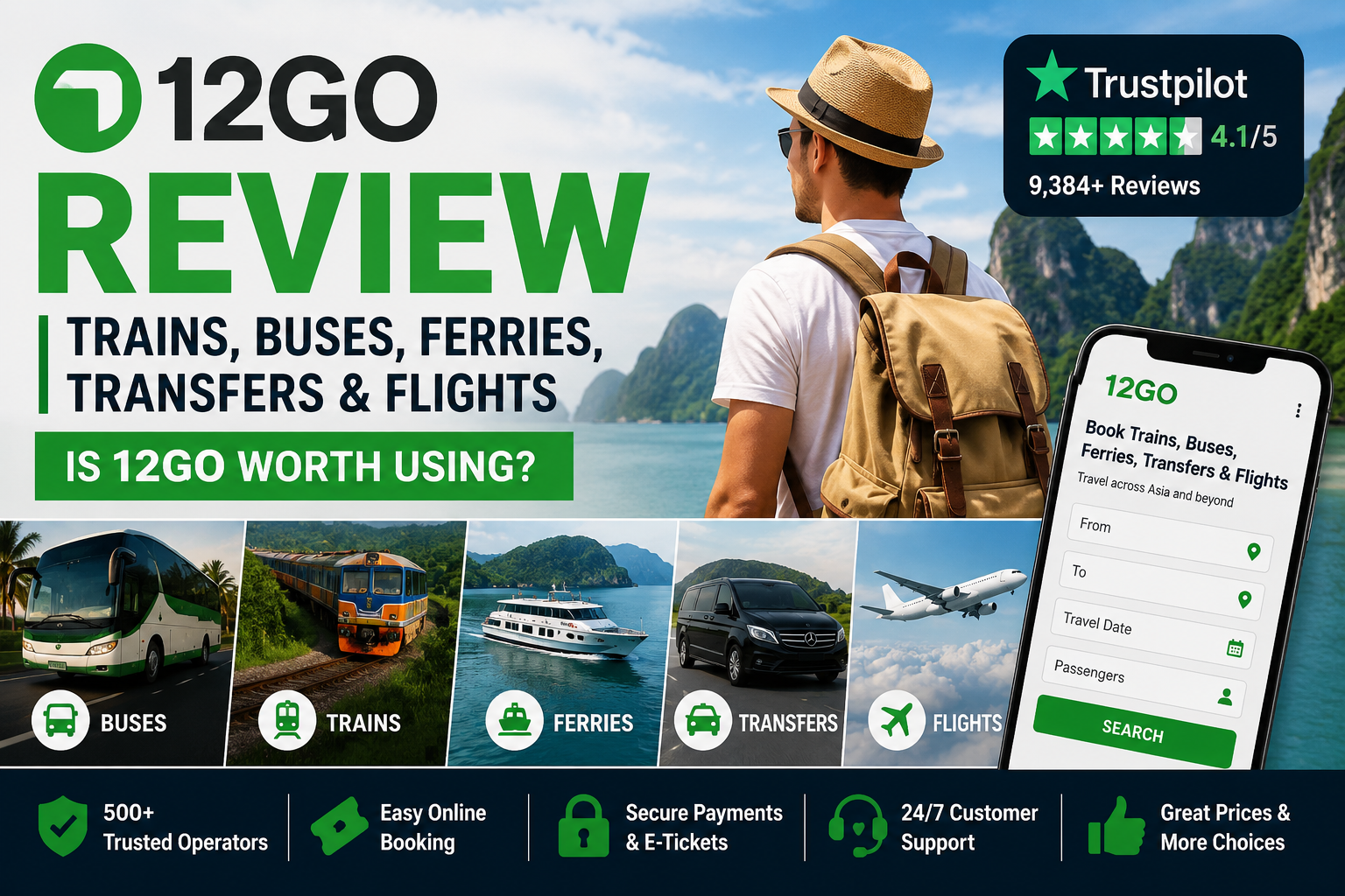 12Go review blog cover featuring trains, buses, ferries, transfers, flights, mobile booking, and Trustpilot customer reviews.