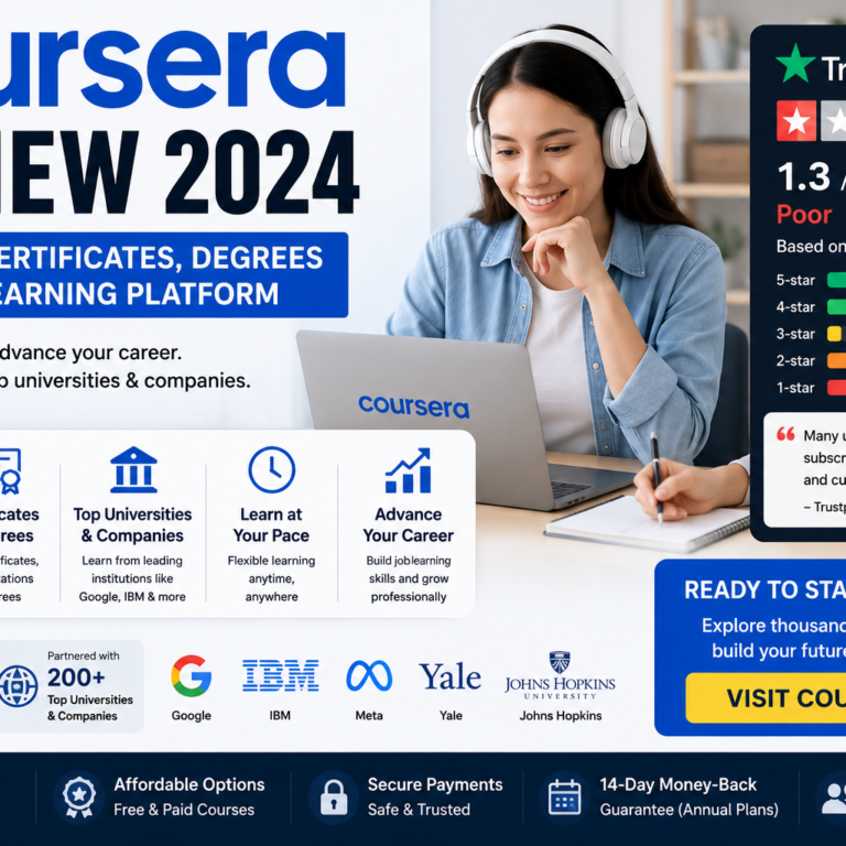 Coursera review blog cover featuring online courses, certificates, degrees, laptop learning, and Trustpilot customer review information.