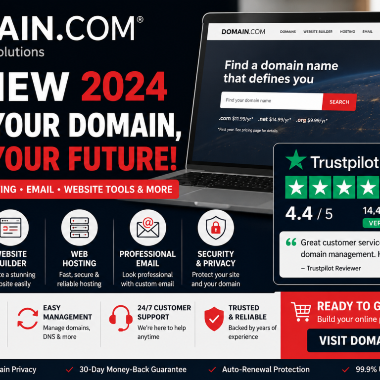 Domain.com review blog cover featuring domain registration, hosting, website builder tools, professional email, security, and Trustpilot reviews.