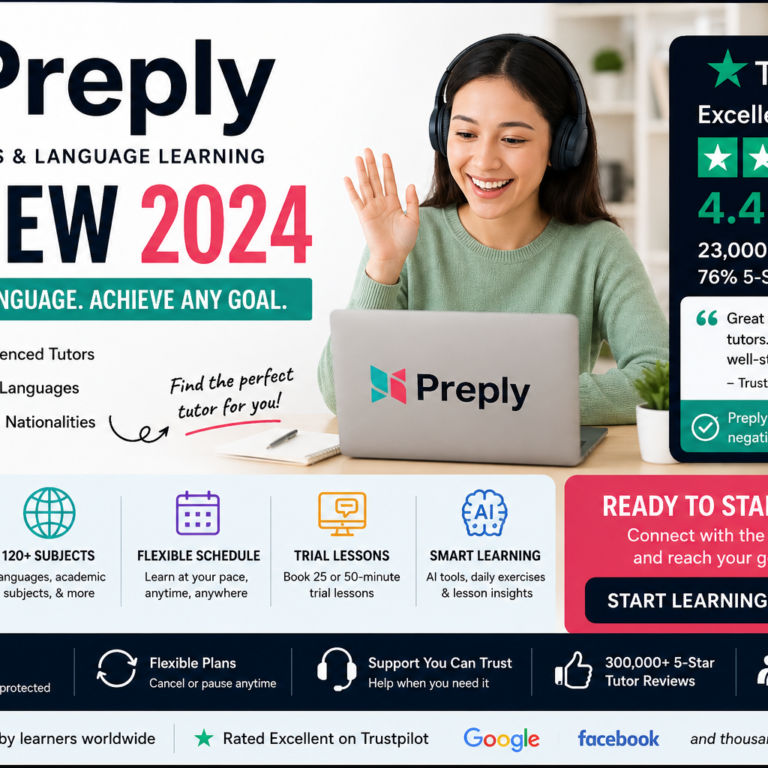 Preply review blog cover featuring online tutors, language learning, one-on-one lessons, trial lessons, and Trustpilot customer reviews.