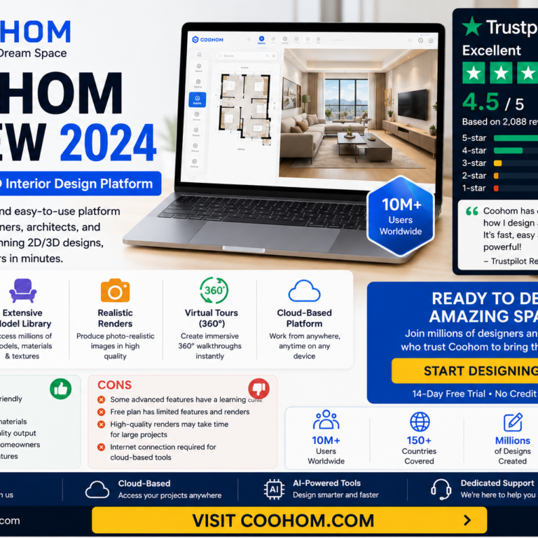 Coohom review blog cover featuring 3D interior design software, floor planning, AI home design, realistic rendering, and Trustpilot customer reviews.