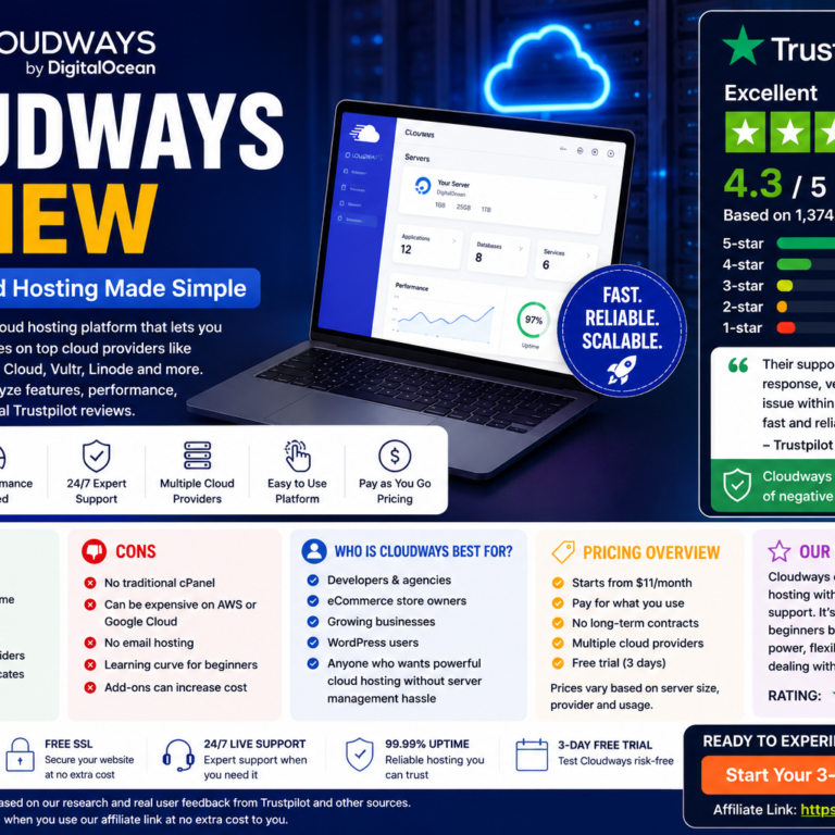 Cloudways review blog cover featuring managed cloud hosting, WordPress hosting, server dashboard, performance tools, 24/7 support, and Trustpilot customer reviews.