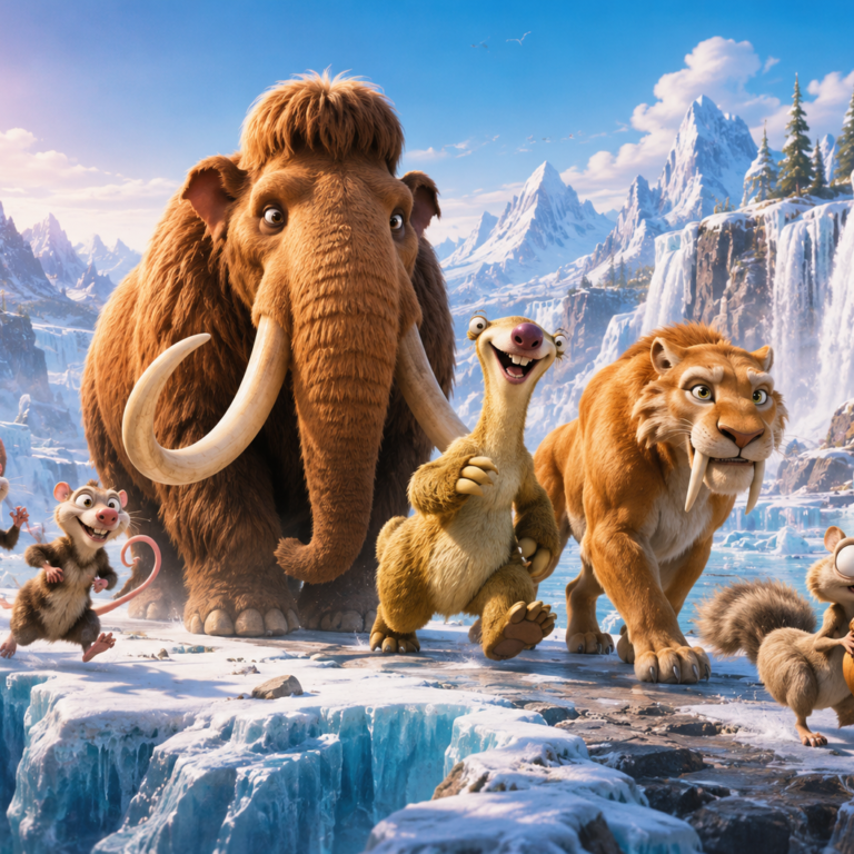 A fun icy prehistoric family adventure scene inspired by Ice Age 2 with animals travelling through a melting frozen valley.