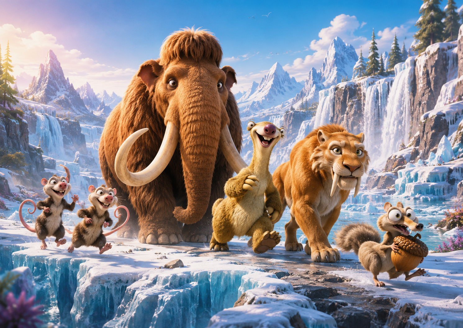 A fun icy prehistoric family adventure scene inspired by Ice Age 2 with animals travelling through a melting frozen valley.