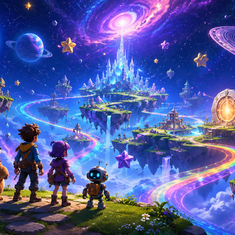 A colourful cosmic adventure scene with glowing planets, floating platforms, rainbow light trails and heroic cartoon characters looking across a magical space world.