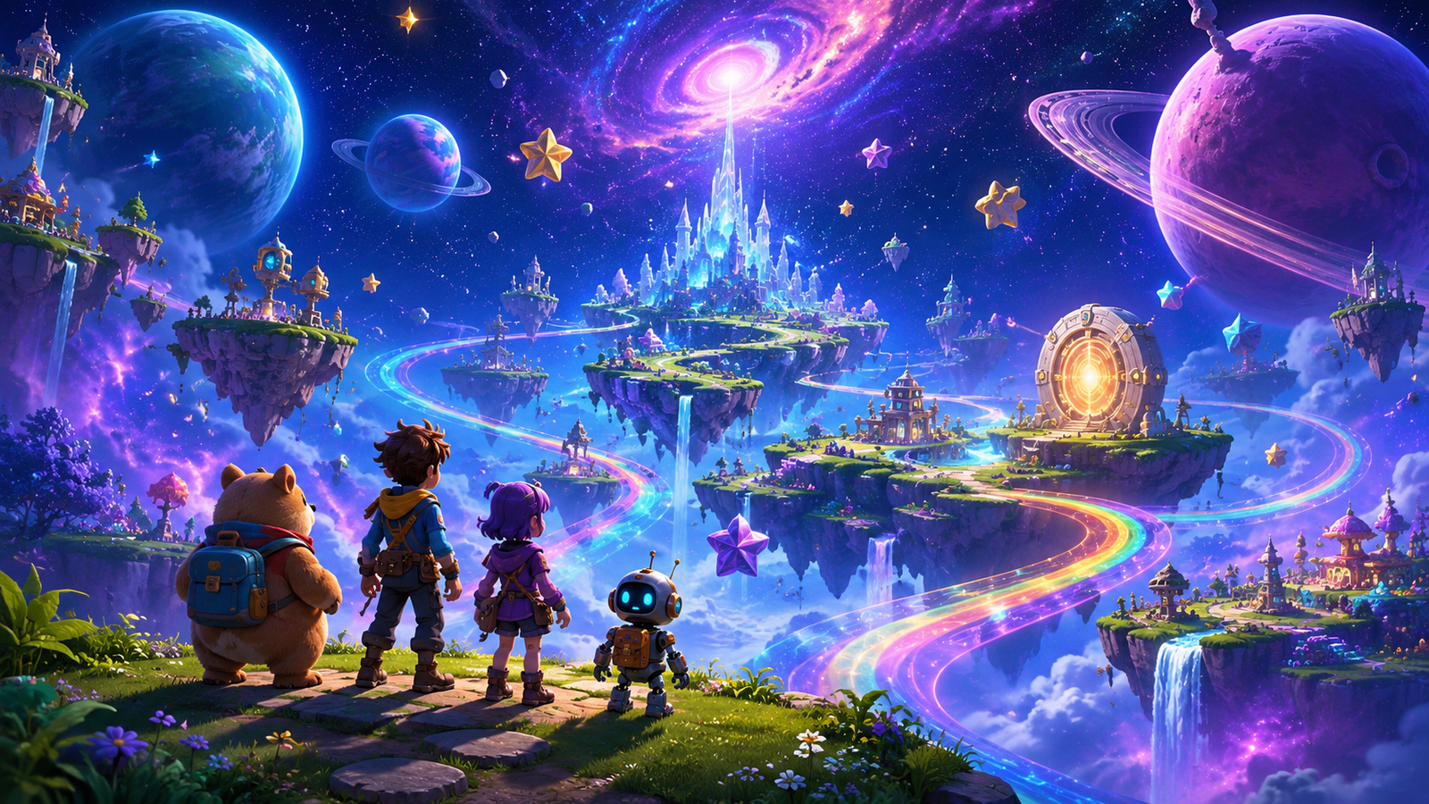 A colourful cosmic adventure scene with glowing planets, floating platforms, rainbow light trails and heroic cartoon characters looking across a magical space world.