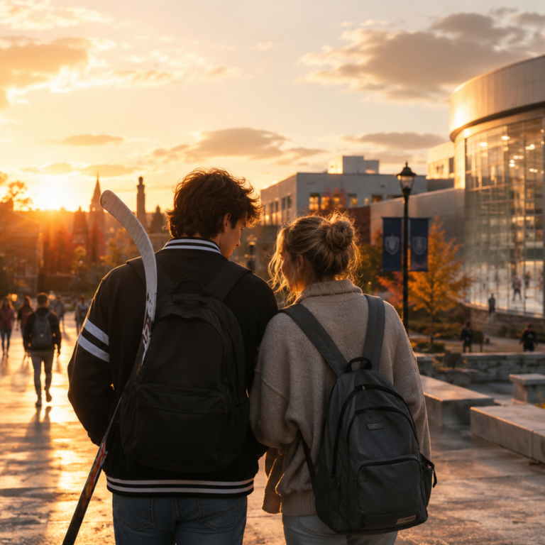 A stylish college romance drama scene with young students near a university campus and ice hockey atmosphere, inspired by Off Campus on Prime Video.